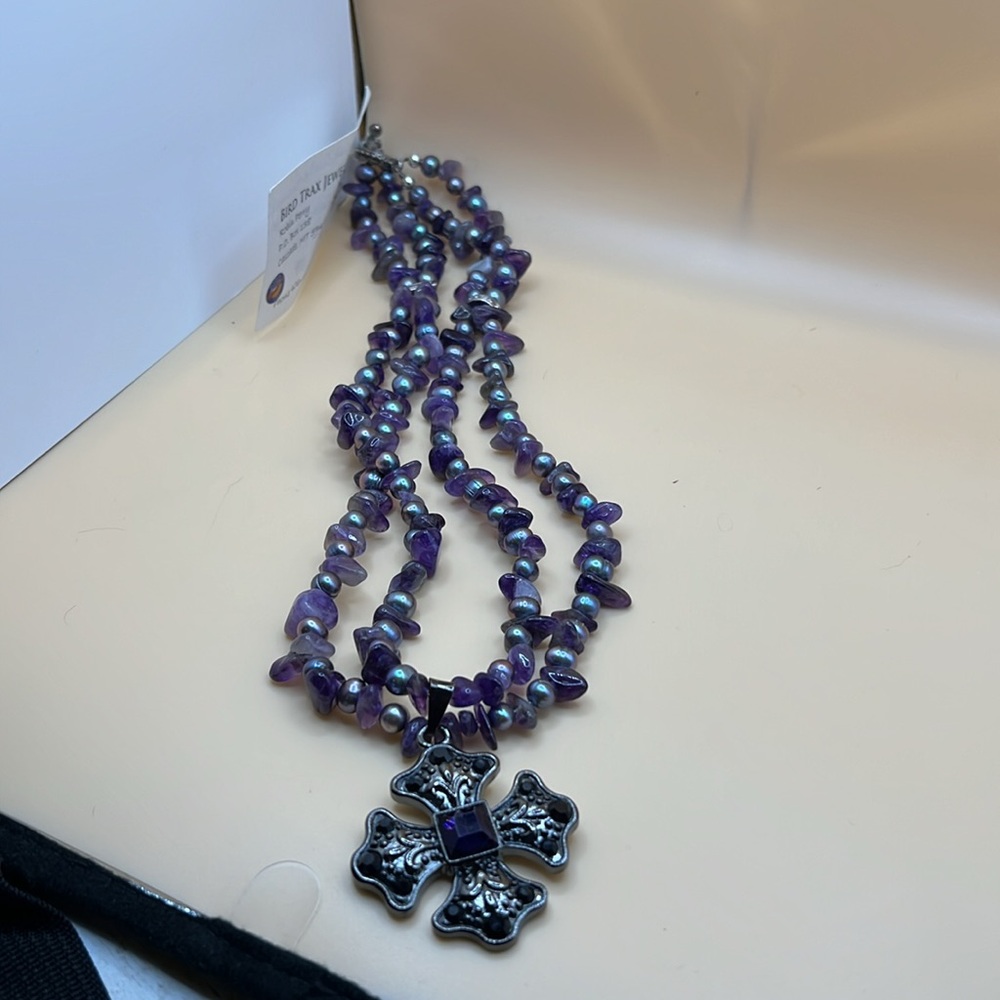 Handmade Freshwater peacock pearls & amethyst multi strand necklace 22”